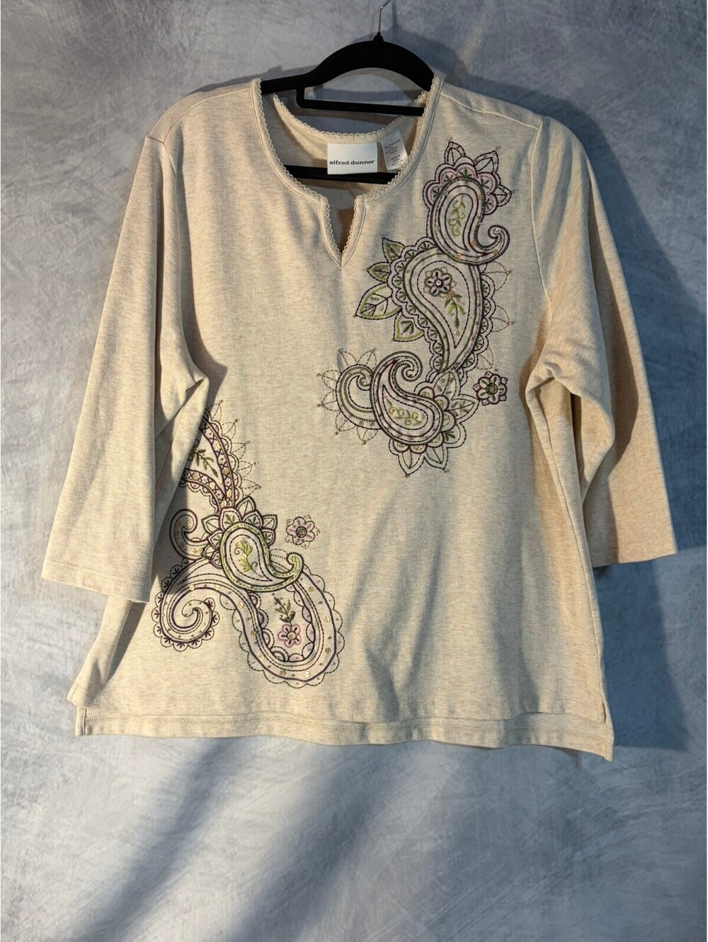 Alfred Dunner Women's Embellished Paisley Knit Top 3/4 Sleeve Beige Size Large